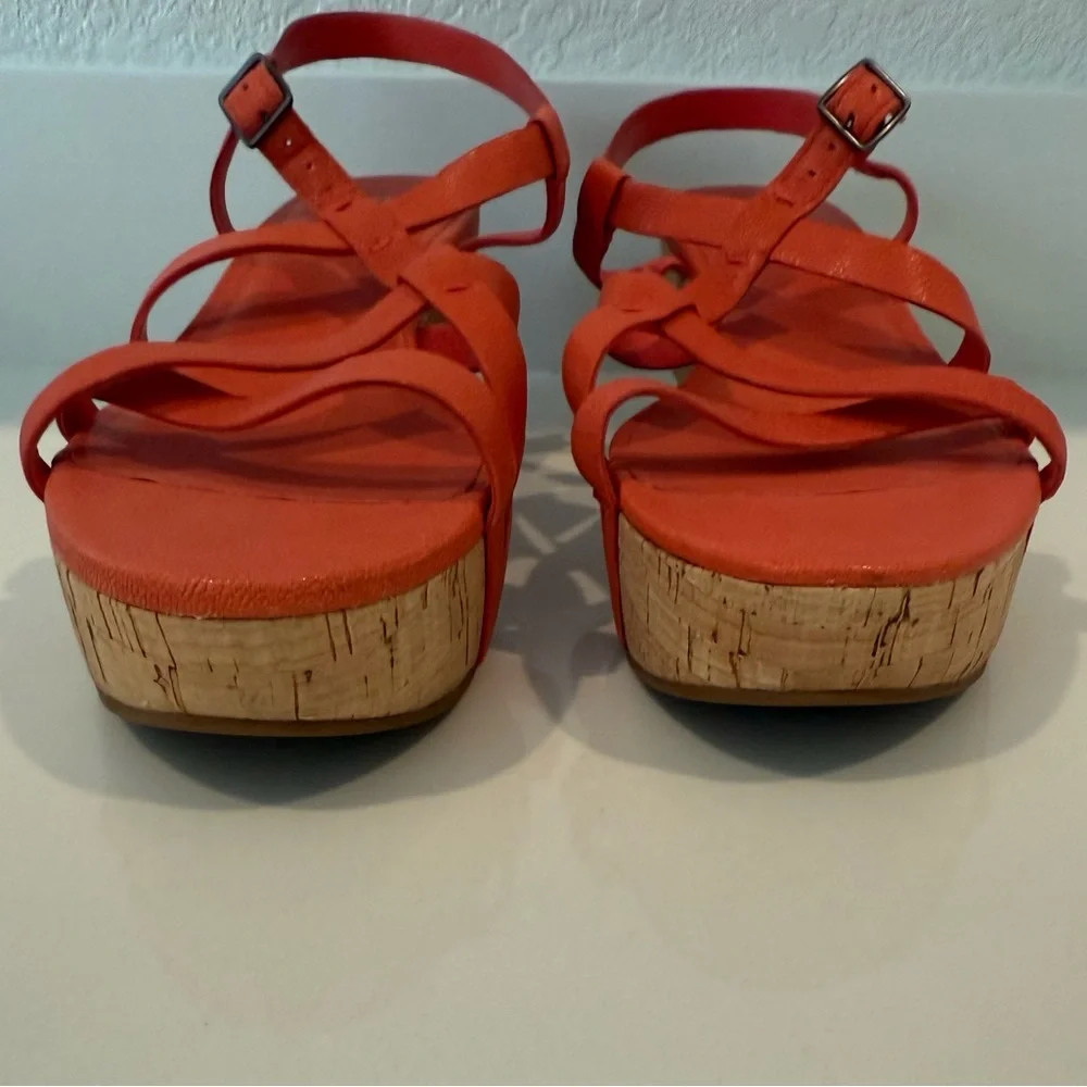 Eileen Fisher Array Platform Sandals Strappy Cork Wedge Coral Orange Size 11